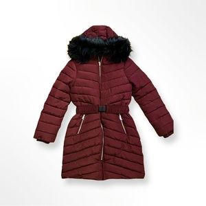Express | Maroon Long Down Belted Smocked Puffer Coat